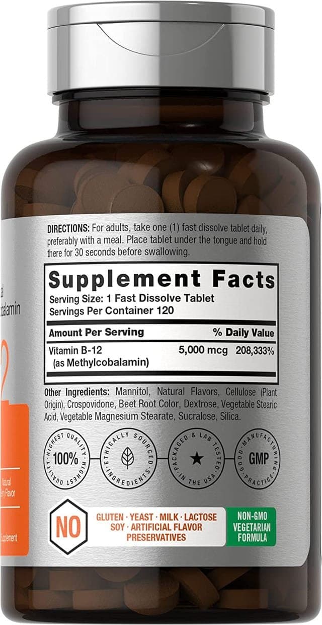 Horbaach B12 Sublingual Methylcobalamin | 5000mcg | 120 Fast Dissolve Tablets - Image 2